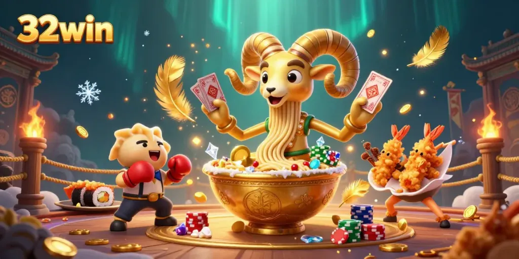 Experience thrilling games with 32win, where a giant golden ramen bowl deals cards in a vibrant casino scene.