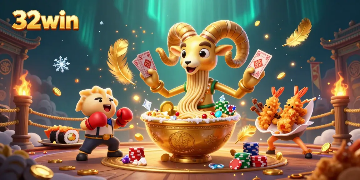 Experience thrilling games with 32win, where a giant golden ramen bowl deals cards in a vibrant casino scene.