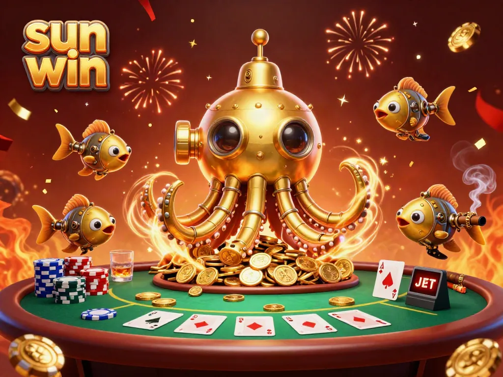 Experience the thrill of sun win in a vibrant casino scene with animated characters and colorful poker elements.