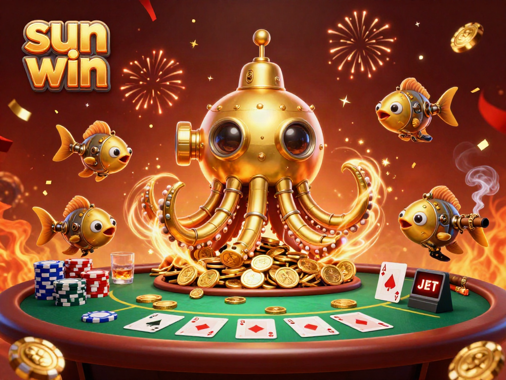 Experience the thrill of sun win in a vibrant casino scene with animated characters and colorful poker elements.