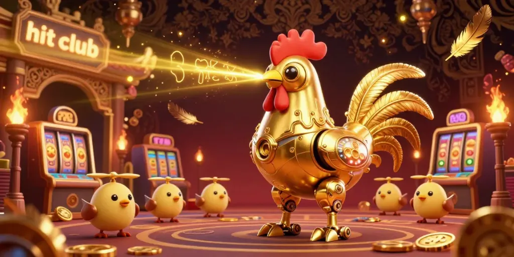 Engage in exhilarating gameplay at hit club with a lively scene of dynamic golden rooster robot and adorable chick drones in action.