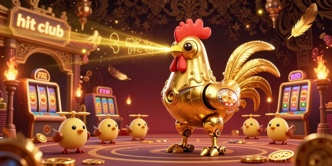 Engage in exhilarating gameplay at hit club with a lively scene of dynamic golden rooster robot and adorable chick drones in action.