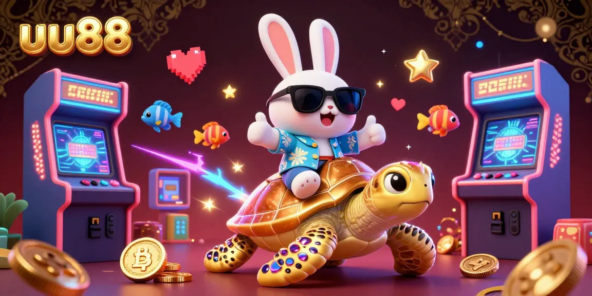 Experience thrilling gaming at uu88 with a lucky rabbit and giant turtle in a vibrant casino scene.