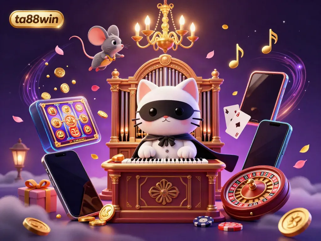 Engage in thrilling gameplay at ta88win with a vibrant casino scene featuring a phantom cat and exciting gaming elements.