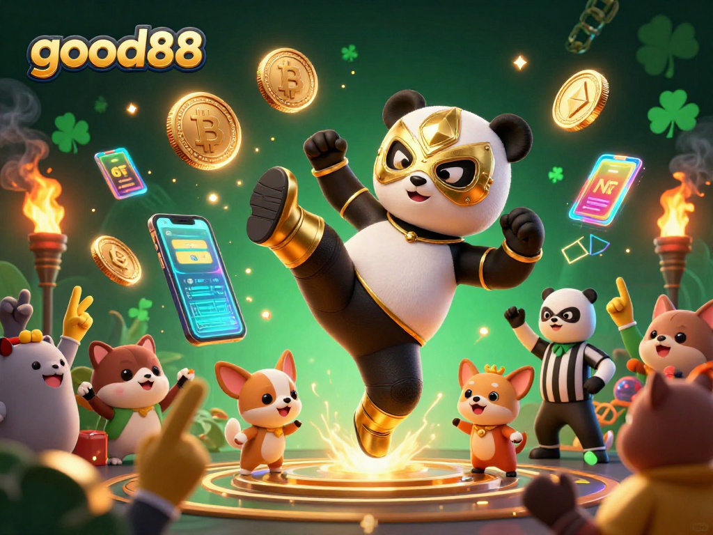 Experience winnings at good88 with a panda wrestler in action alongside tiny cheering fans and vibrant crypto elements.