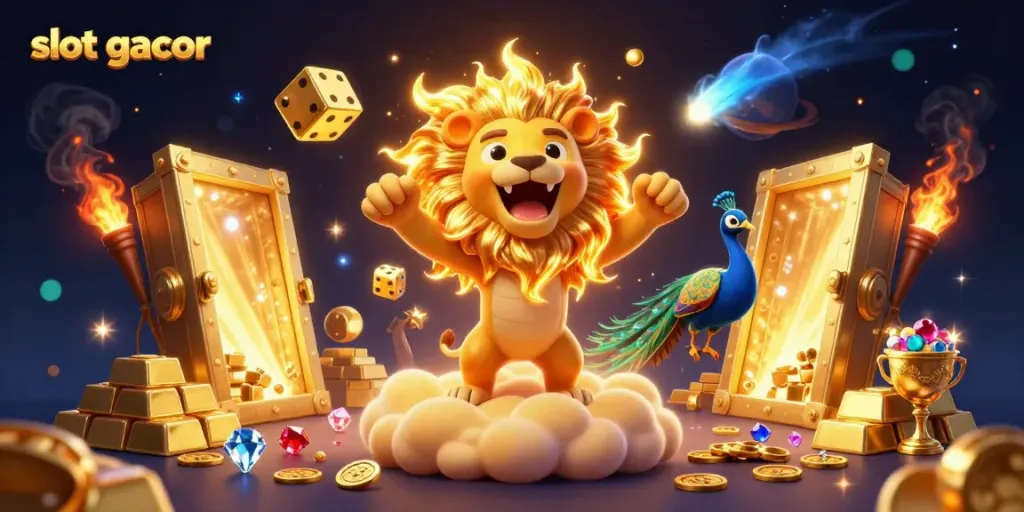 Experience the excitement of slot gacor with a vibrant illustration of a roaring sun lion, golden dice, and treasure.