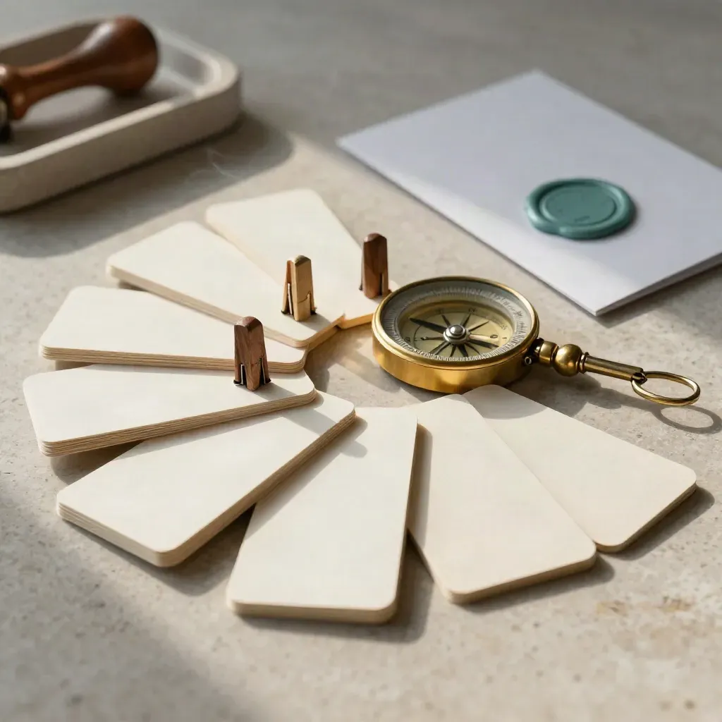 Brass kompas, kaarten en verzegelde uitslag op kalksteen in zachte teal accenten.