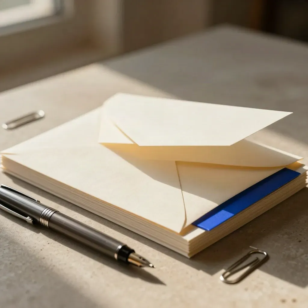 Sollicitatiehulp met envelop, papierstapel en pen op steen in warm licht