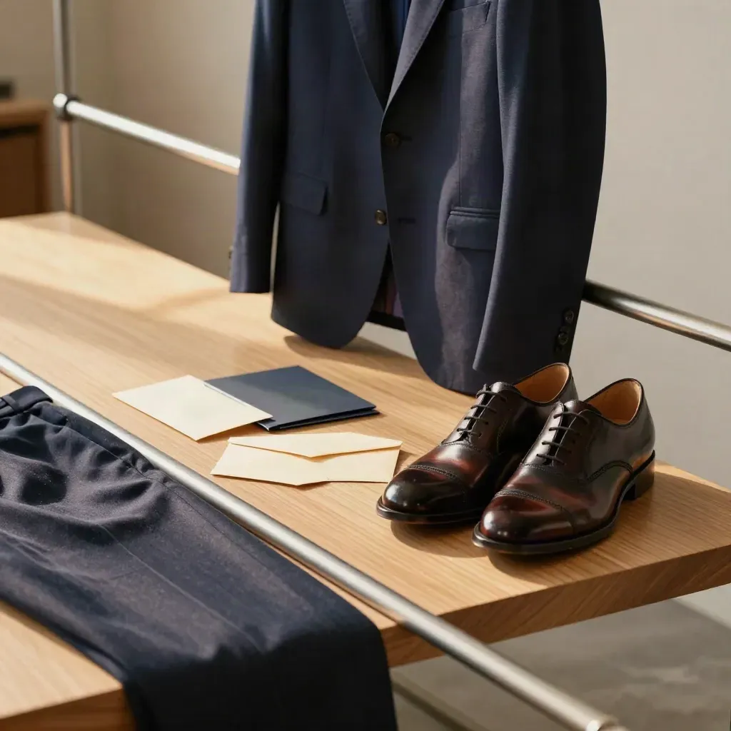 Blazer, nette schoenen, map en verzegelde envelop in een rustige voorbereidingshoek.