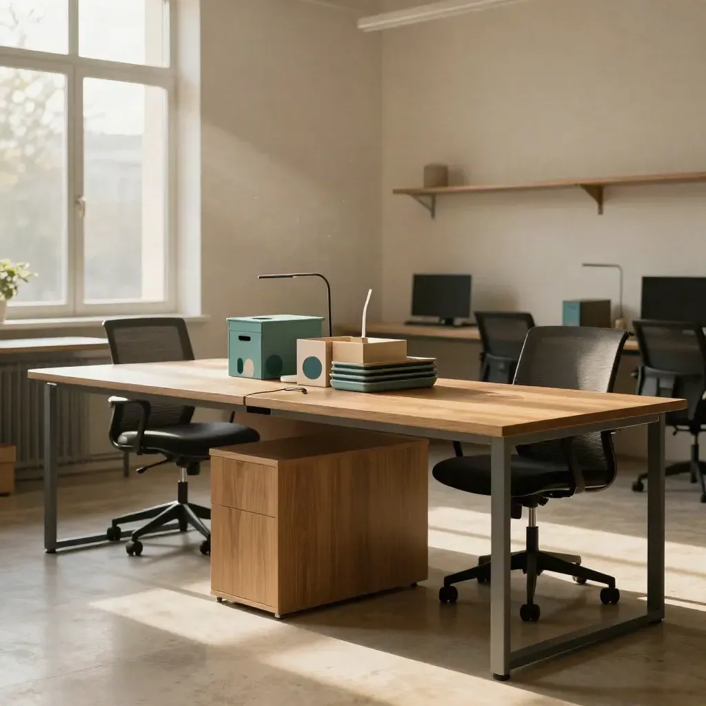 Twee afgestemde bureaus in een rustige gemeentekantoorruimte met teal boxen en zacht avondlicht.