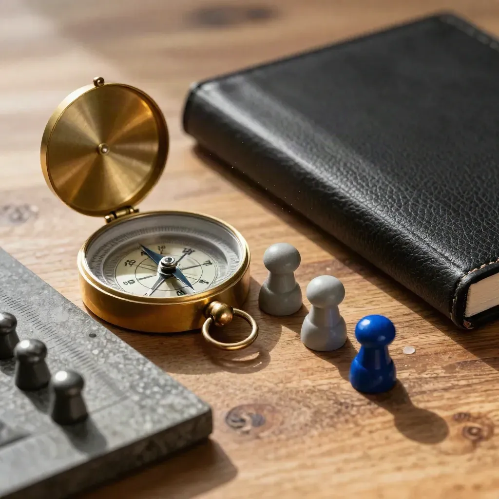 Brass compass, sorteerpennen en gesloten notitieboek op warm hout en steen