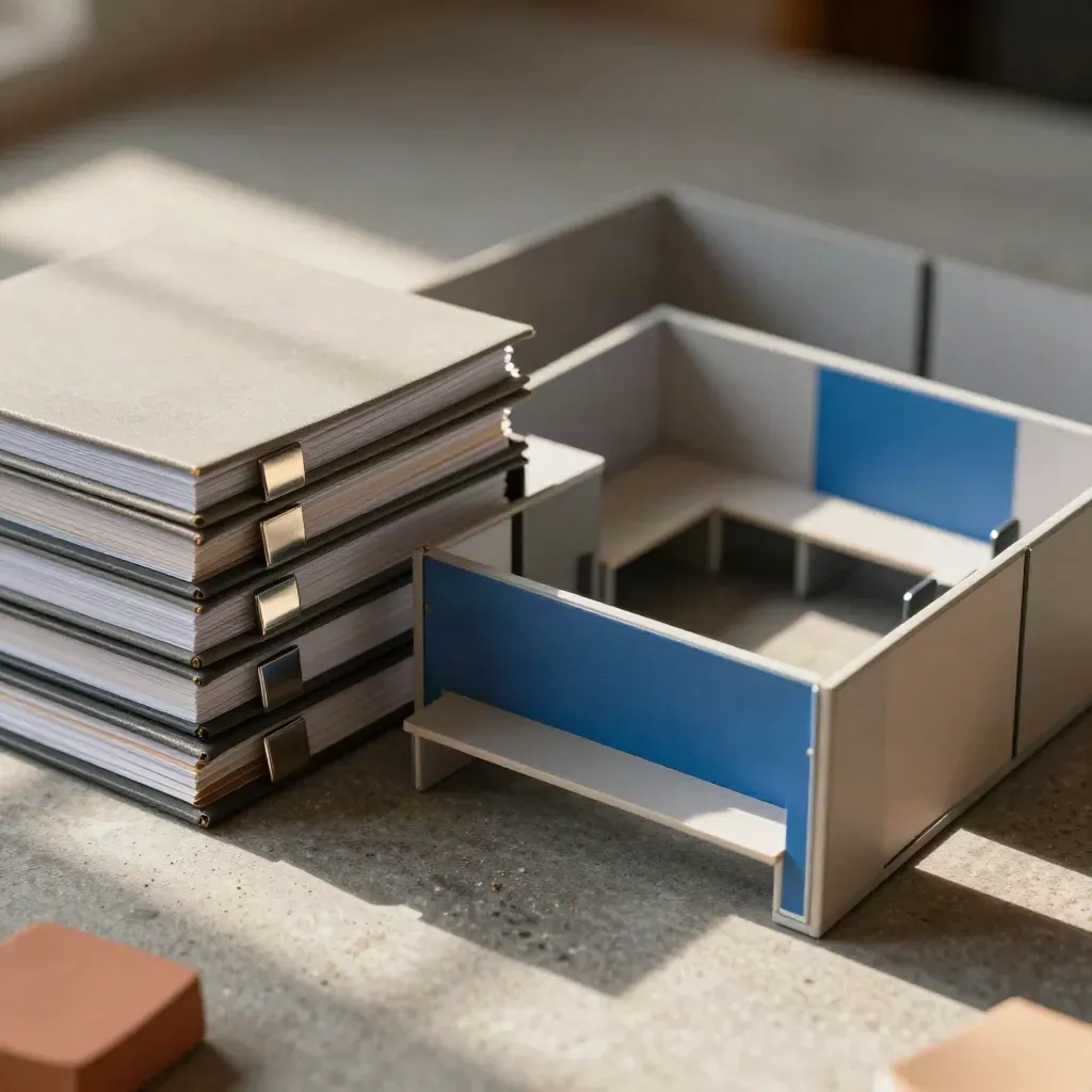 Miniatuur kantoorplan met binders en rolblokken op steen, zacht daglicht