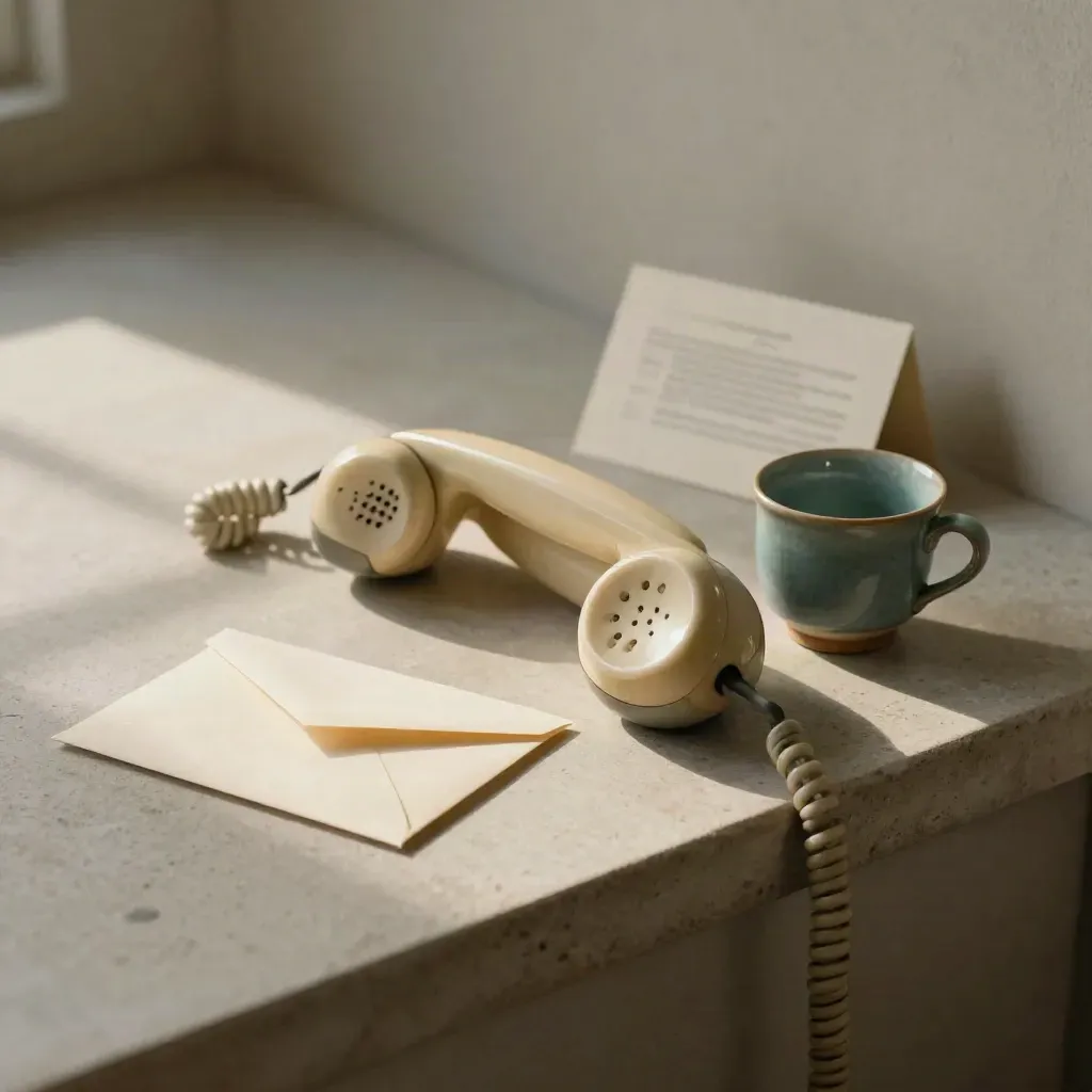 Oud telefoonhoorn, verzegelde envelop en keramische beker op een lichte stenen richel in zacht daglicht.