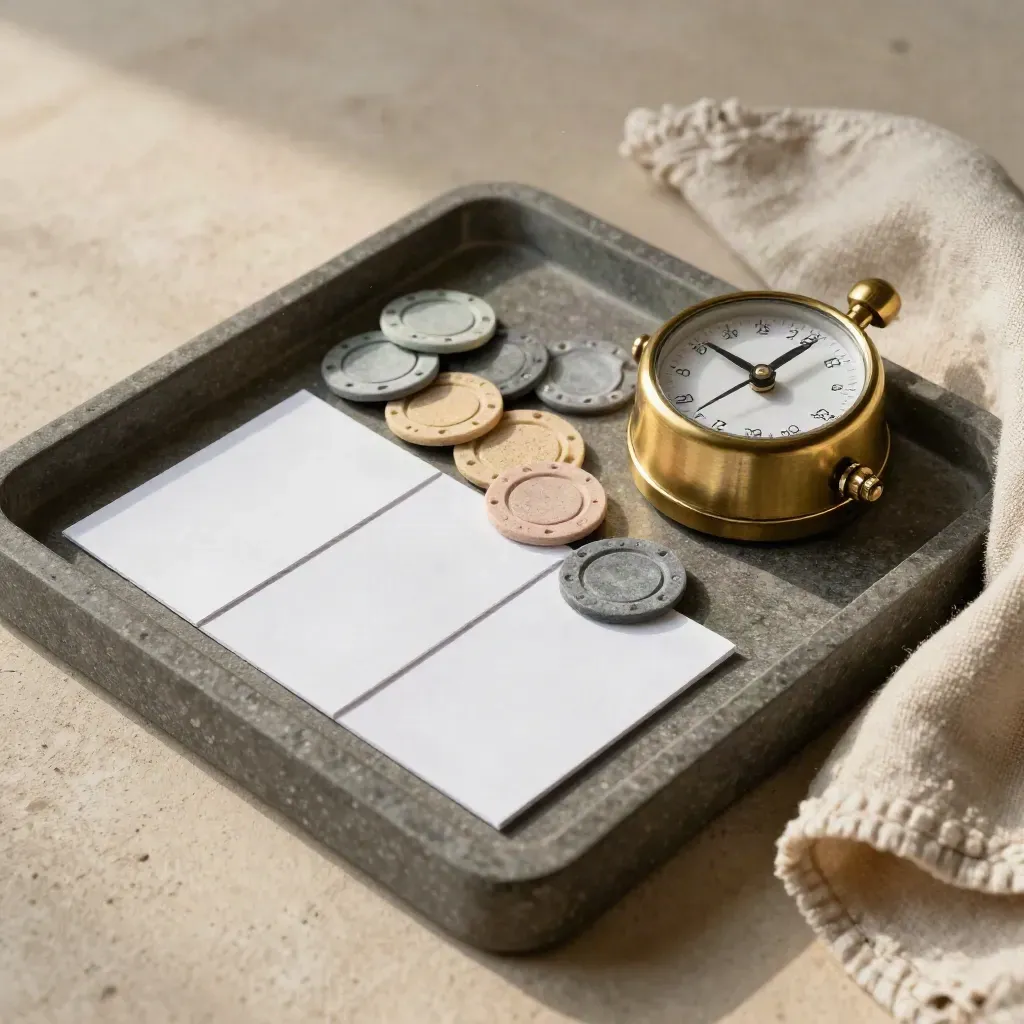 Stenen tray met kaarten, messing timer en sorteerchips op warme pleistergrond.