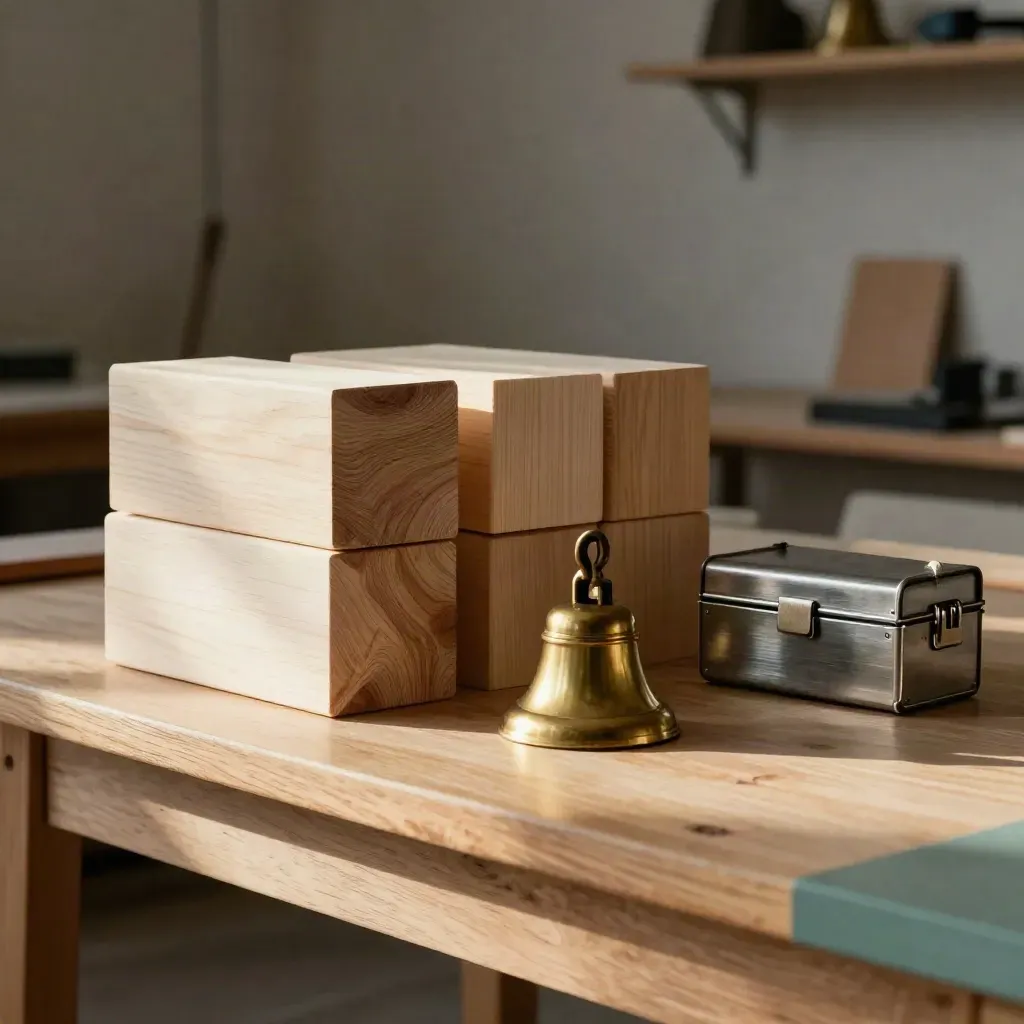 Workshopblokken, messing bel en gesloten toolkit op licht hout met zachte teal accenten.