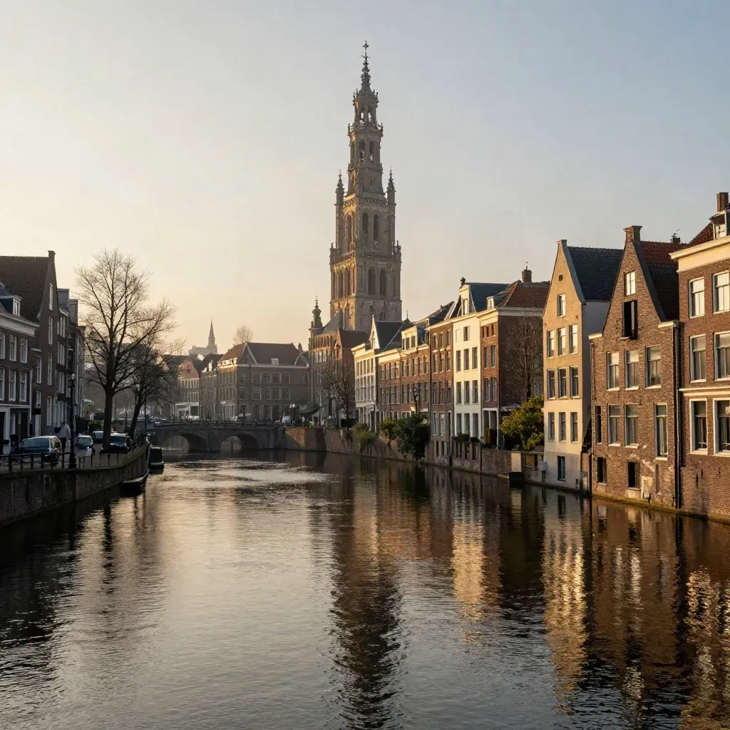 Utrechtse grachten met de Domtoren in warm gouden avondlicht