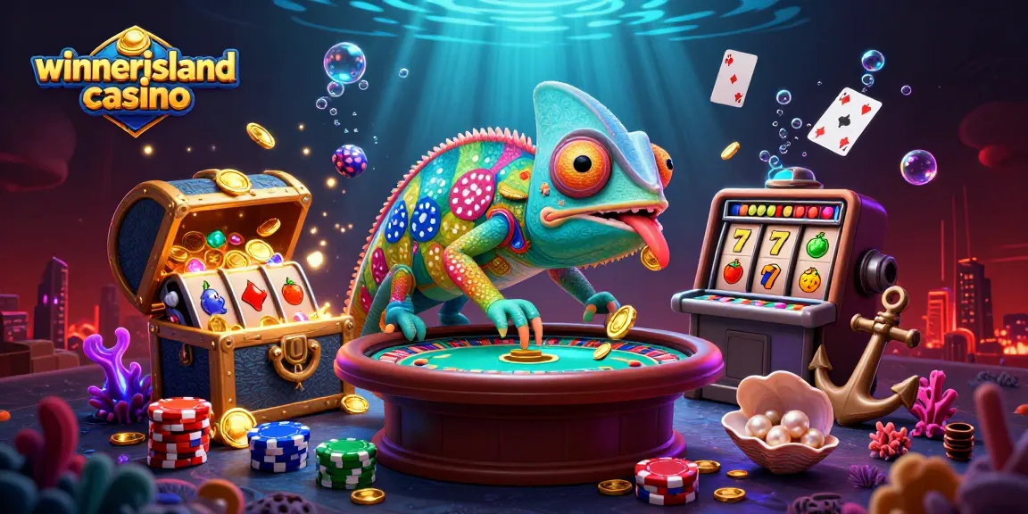 Experience winnerislandcasino with colorful gambling elements and a lively chameleon host in a vibrant scene.