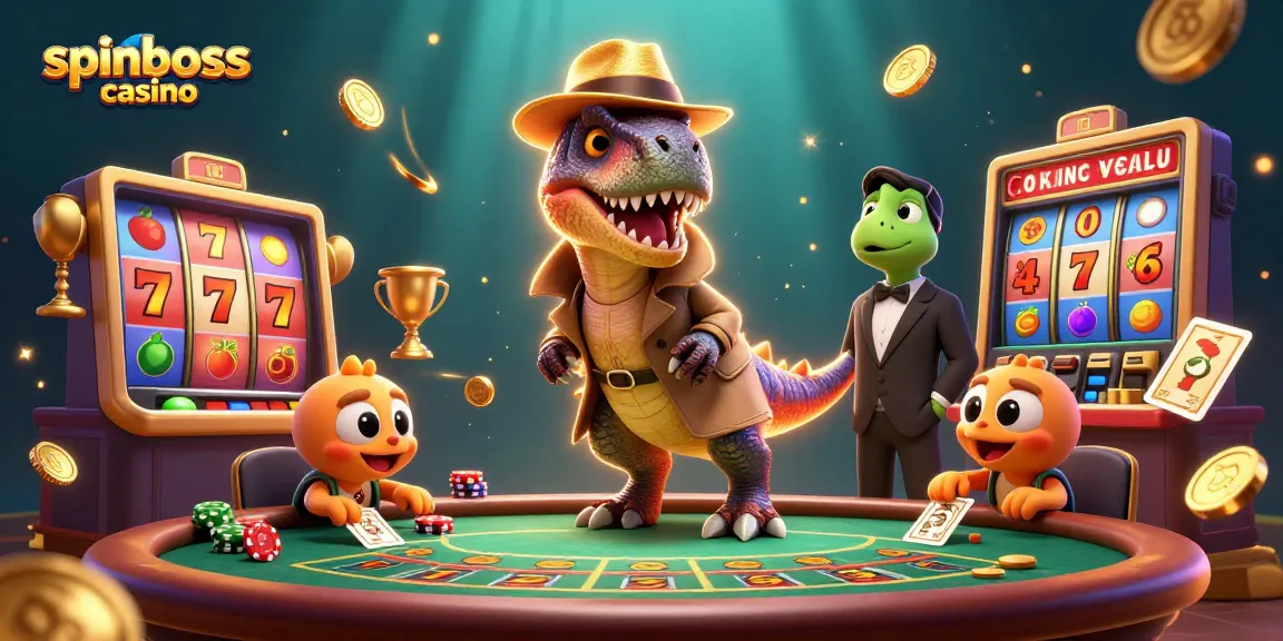 Experience the excitement of spinboss casino as a velociraptor card counter sneaks chips amid vibrant slots and golden elements.
