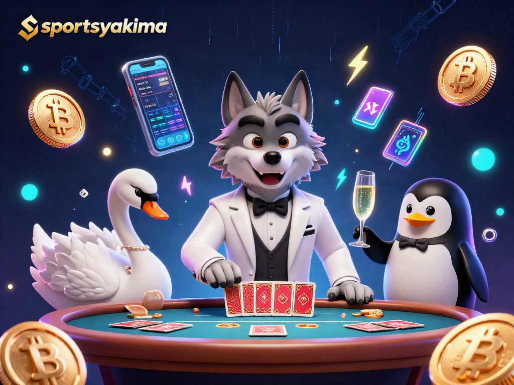 Engage in high-stakes gaming with sportsyakima's vibrant casino scene featuring a stylish wolf, elegant swan, and a penguin sommelier.