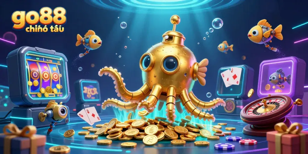 Experience the excitement at go88 chính thức with vibrant casino elements and a golden kraken submarine.