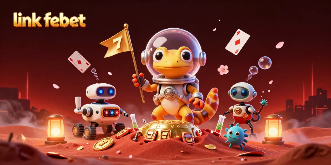 Engaging scene celebrating link febet with a Martian gecko discovering a golden casino in a vibrant gaming environment.