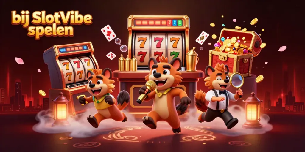 Bij SlotVibe spelen met een levendige casino sfeer vol gokkasten en komische hyena's.