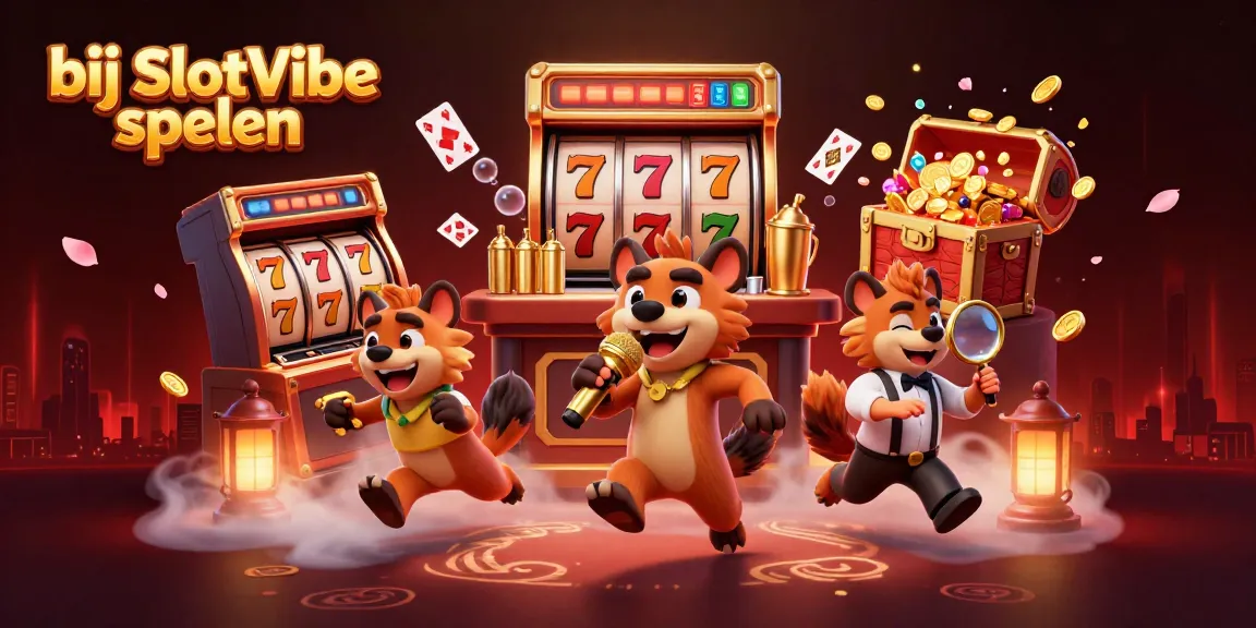 Bij SlotVibe spelen met een levendige casino sfeer vol gokkasten en komische hyena's.