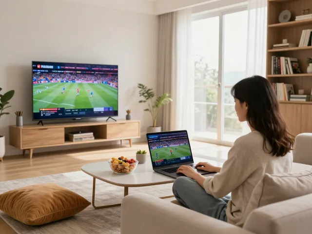 Person streaming Pikashow for PC in a stylish living room with snacks and bright light.