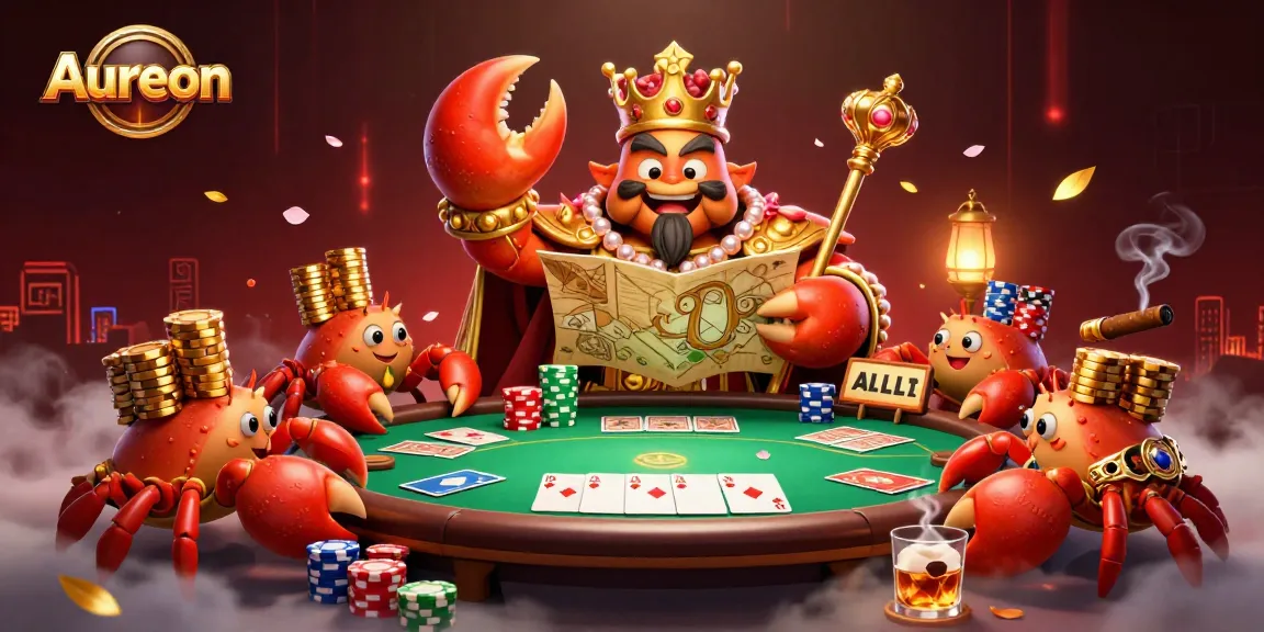 Aureon casino's golden crab emperor presides over an extravagant poker scene filled with rich casino elements.